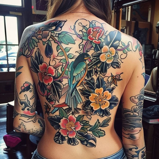 Colorful Ed Hardy-style back tattoos with traditional American themes