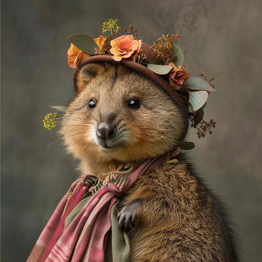 A quokka as a fashion designer, unveiling a collection of whimsical animal attire.