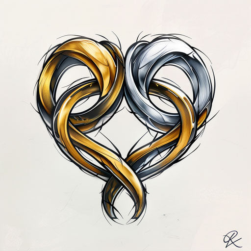 Tattoo sketch of intertwined gold and silver hearts