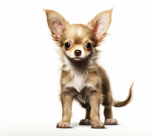 Chihuahua puppy on white background, light maroon and dark gold style