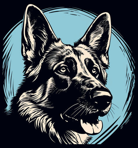 German shepherd's head in black and white, graphic style