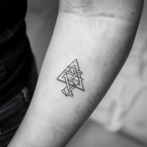 Chic minimalist tattoo sketch of a Valknut with thin, precise lines in black ink
