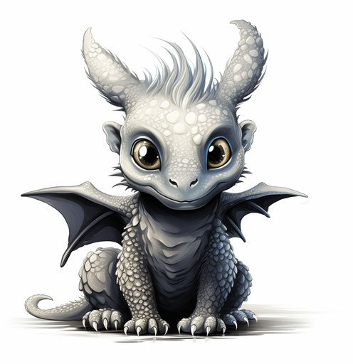 Illustrated baby girl dragon on white background, meticulous inking