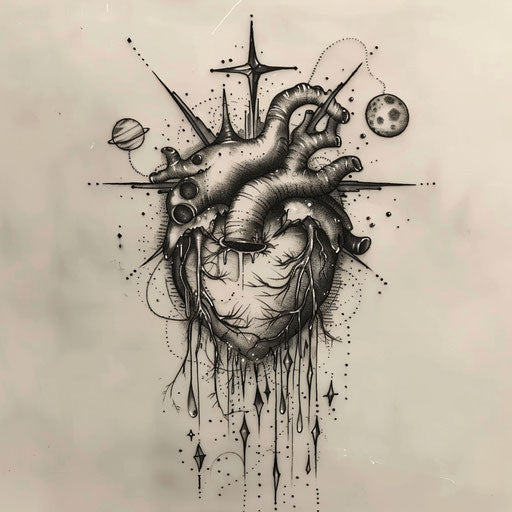 Flat tattoo sketch of a heart crying stars and celestial bodies
