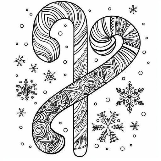 Candy cane with patterns and snowflakes, coloring book page