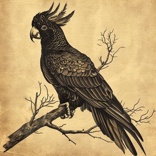 Vintage tattoo sketch of a yellow-tailed cockatoo