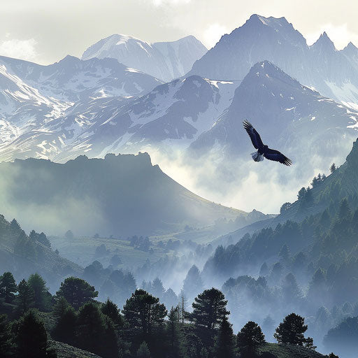 The Pyrenees Mountains with an eagle soaring above, in the style of Peter Holme III