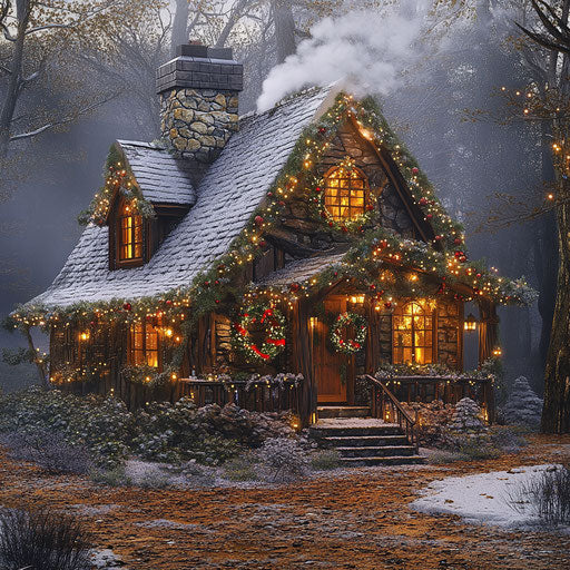 Quaint cottage in the woods adorned with Christmas lights and wreaths