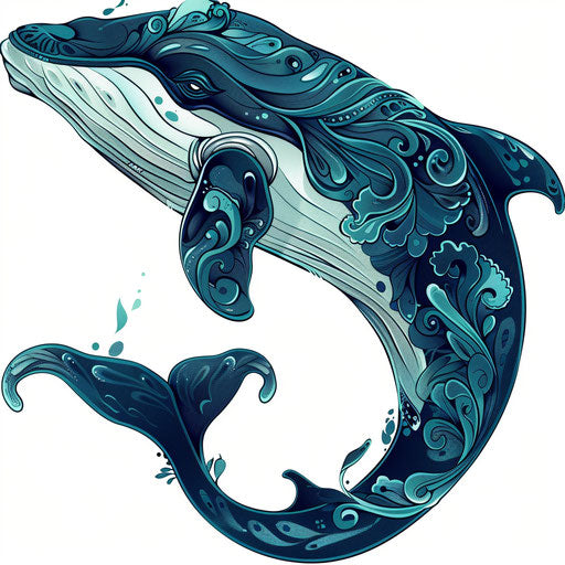 Flat tattoo sketch of a whale in blue and teal