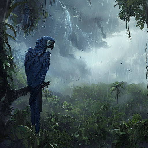 Storm over the rainforest, lone blue macaw