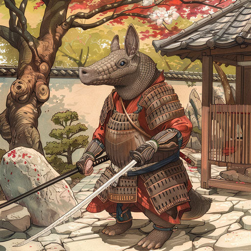 A samurai armadillo in a serene Japanese garden