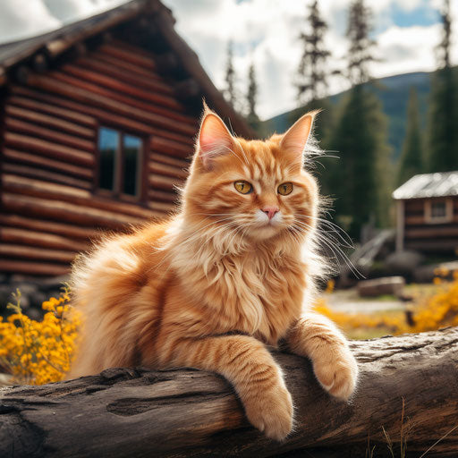 Orange cat sitting in front of a log cabin