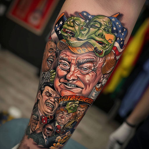Tattoo of humorous political caricatures symbolizing satire and truth