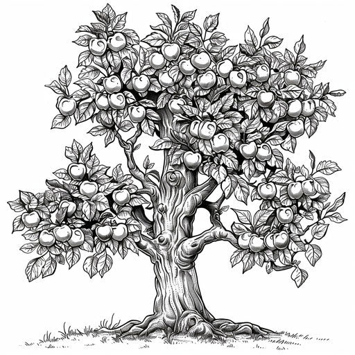 Realistic apple tree with detailed bark and foliage. Coloring book page