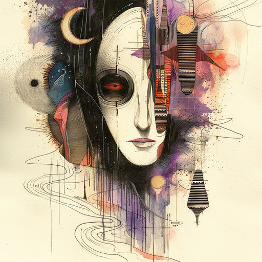 Flat tattoo sketch of No-Face in a surreal, dream-like setting with abstract elements