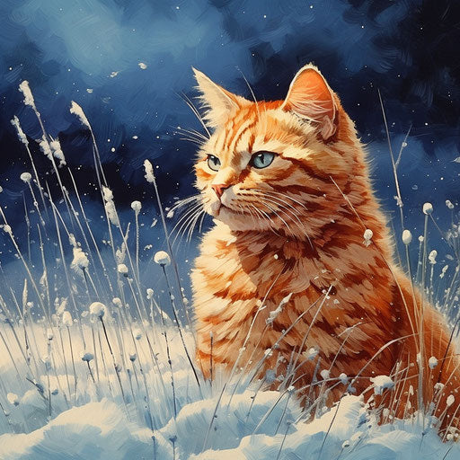 Orange cat in a field while it is snowing
