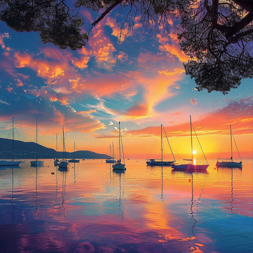 Colorful sunset over tranquil bay with sailboats
