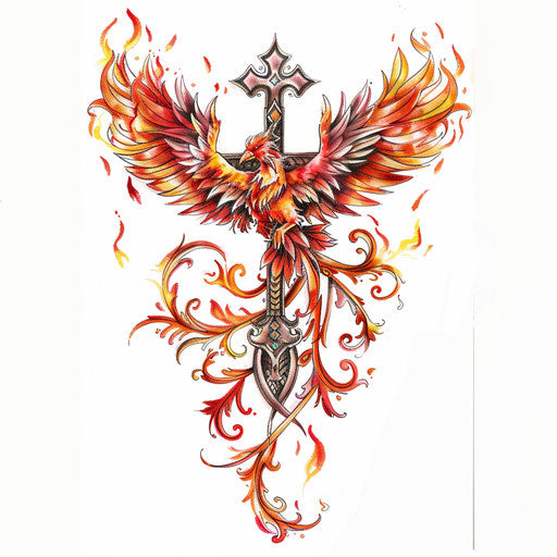 Strength cross tattoo with rising phoenix from flames