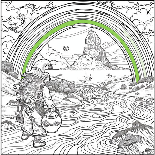 Rainbow with pot of gold and leprechaun. Coloring page