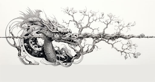 Dragon and sword in black and white, traditional oceanic art style