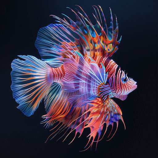 Lion fish at sunset, vibrant colors and striking contrast, in the style of Tim Flach