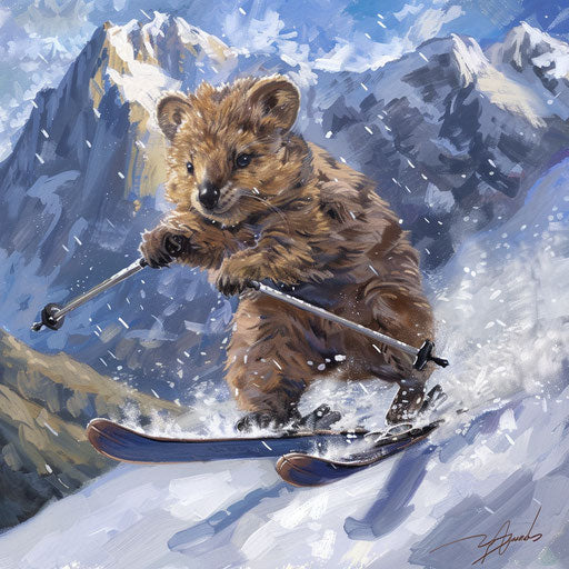 A quokka navigating snowy slopes on skis