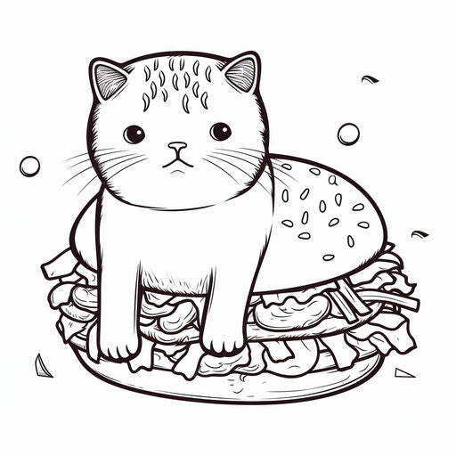 Pusheen coloring page with a cat and a hamburger