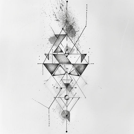 Minimalist geometric tattoo art with interlocking triangles and hexagons, displayed on a stark white backdrop.