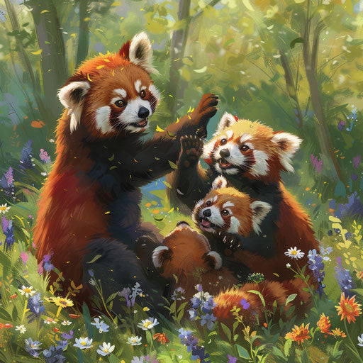Family of red pandas playing in a meadow of wildflowers