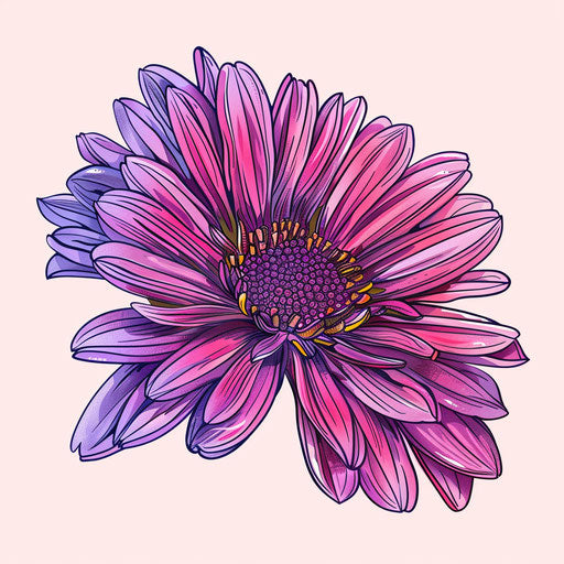 Flat tattoo sketch of aster flower in vibrant pink and purple