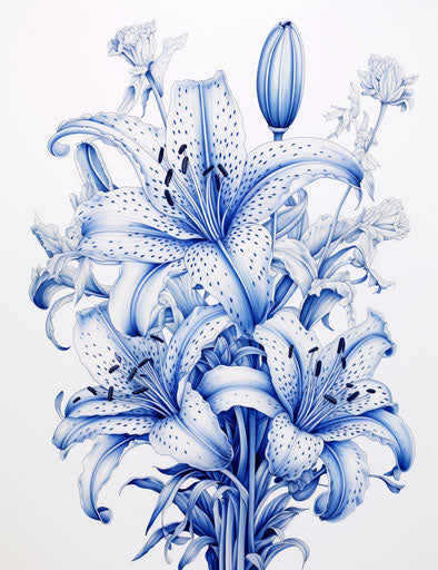 Blue drawing of lilies, detailed linework style, miniatures