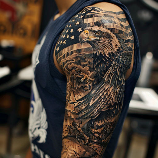 Sketch of a majestic eagle and American flag tattoo, full sleeve for men