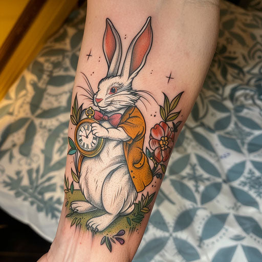 White Rabbit checking time in vivid tattoo artwork