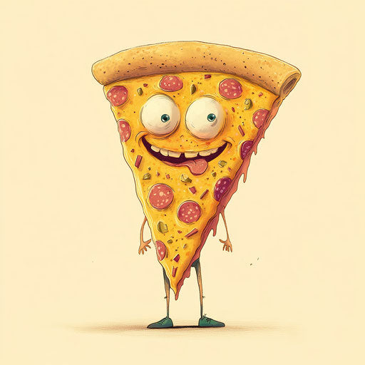 Humorous caricature of a pizza slice with human characteristics