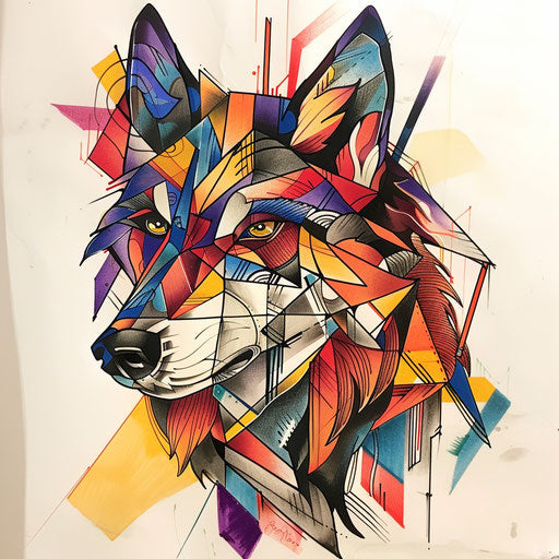 Abstract tattoo sketch of a lobo with geometric shapes in vivid hues