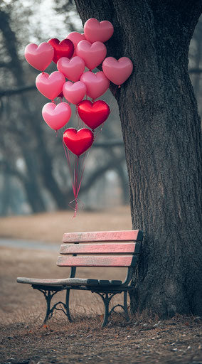Valentine's Day setting: bench under a tree with pink and red heart-shaped balloons