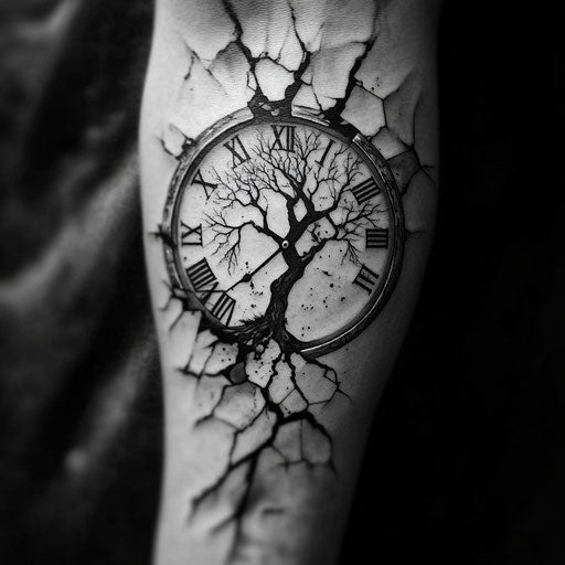 Tree tattoos for men with tree growing through shattered clock