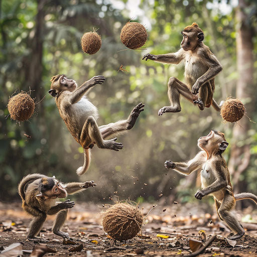 Energetic monkeys play spirited coconut soccer game