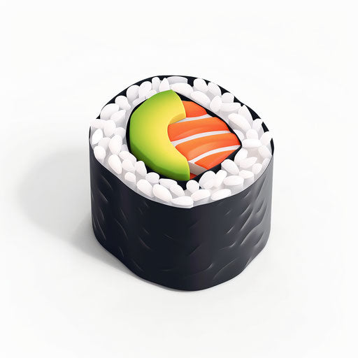 Cute 3D sushi with salmon and avocado on white background