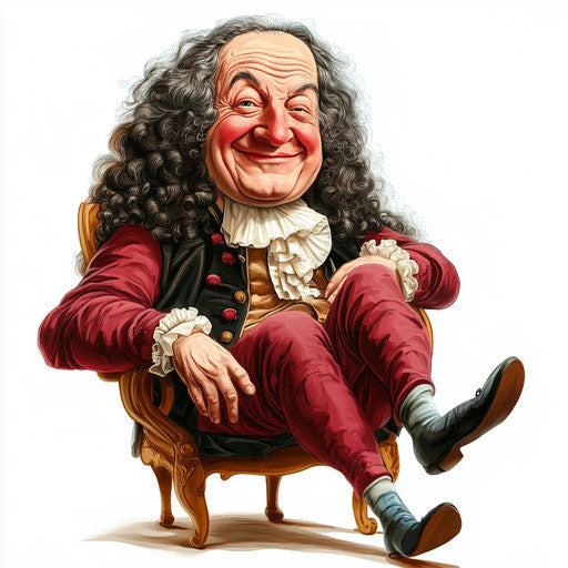 Humorous caricature of a Gottfried Wilhelm Leibniz caricature clipart with human characteristics, exaggerated rosy cheeks, big feet, festive scene, vibrant colors, cartoon style, winking, high-resolution, no background, isolated