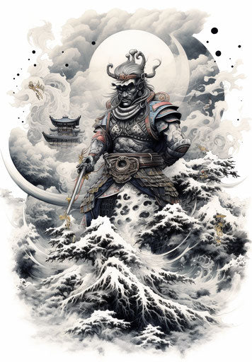 Japanese samurai tattoo in pointillist style, nightmarish art
