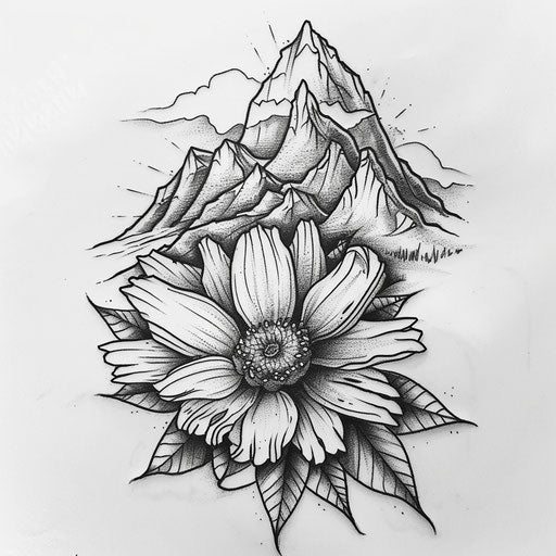 Adventurous sketch of a daisy with mountain landscapes in the petals