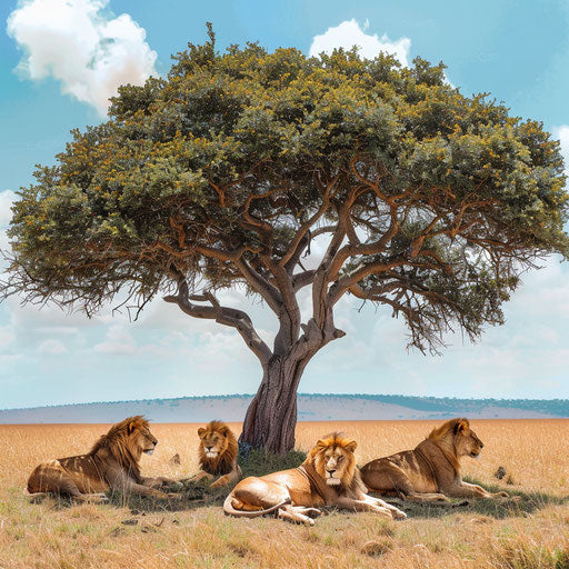 A vibrant scene of a pride of lions resting under an acacia tree during a heatwave
