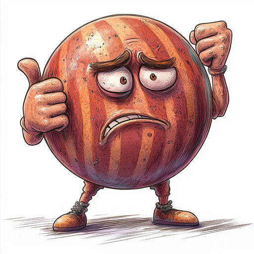 Humorous caricature of a bowling ball with human characteristics