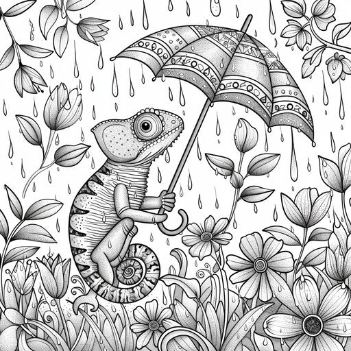 Whimsical chameleon with a tiny umbrella in the rain