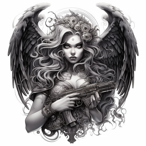 Angel lady with skull and guns tattoos, ephemeral elite christcore style