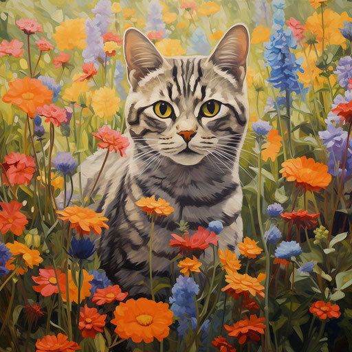 American shorthair cat in a field of flowers