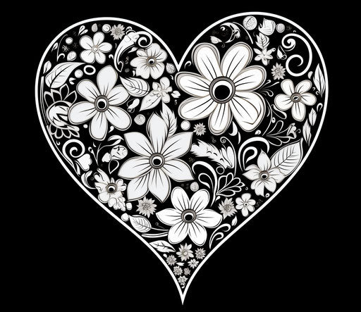 A black and white heart outline design shaped like flowers