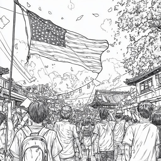 Flag at a vibrant urban festival, Mamoru Hosoda style