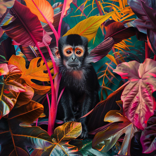 Spider monkey surrounded by vibrant jungle colors